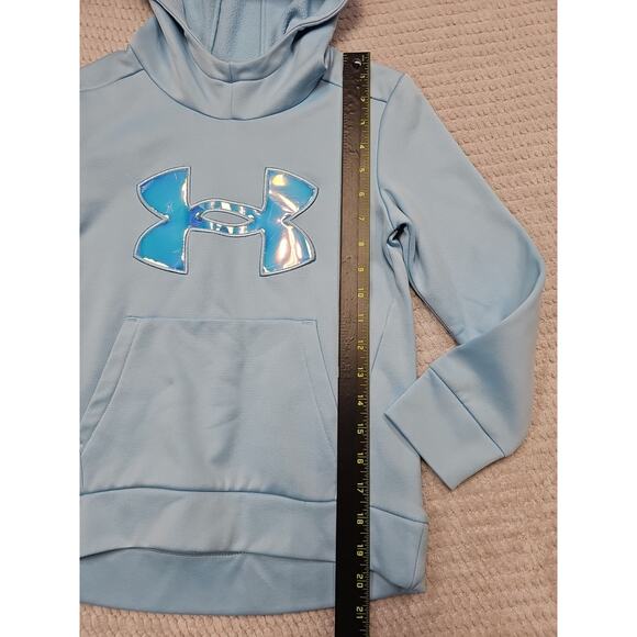 Under Armour Sweatshirt Girls Youth Small Blue Hooded Pullover Halographic Logo - Picture 2 of 7